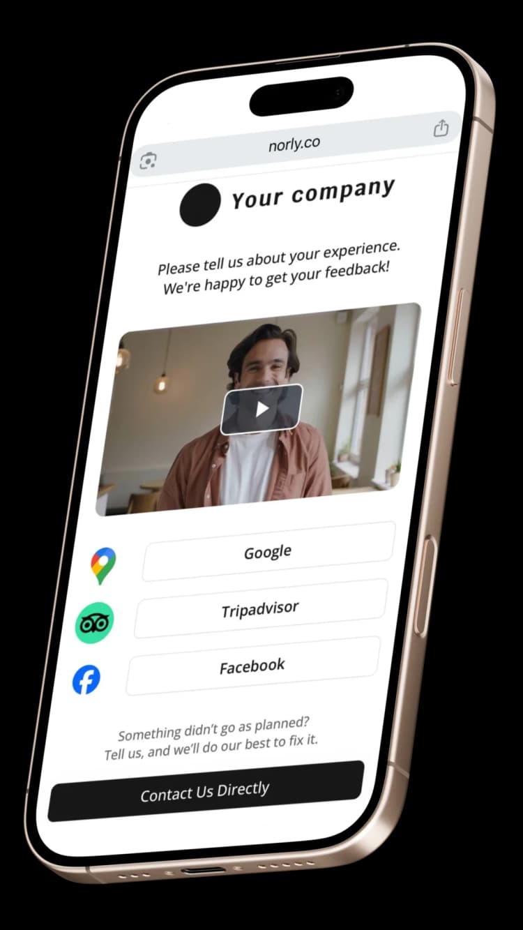 Norly smart page on a phone: personal video from the owner, one-tap links to Google, Tripadvisor and Facebook, and a Contact Us Directly button