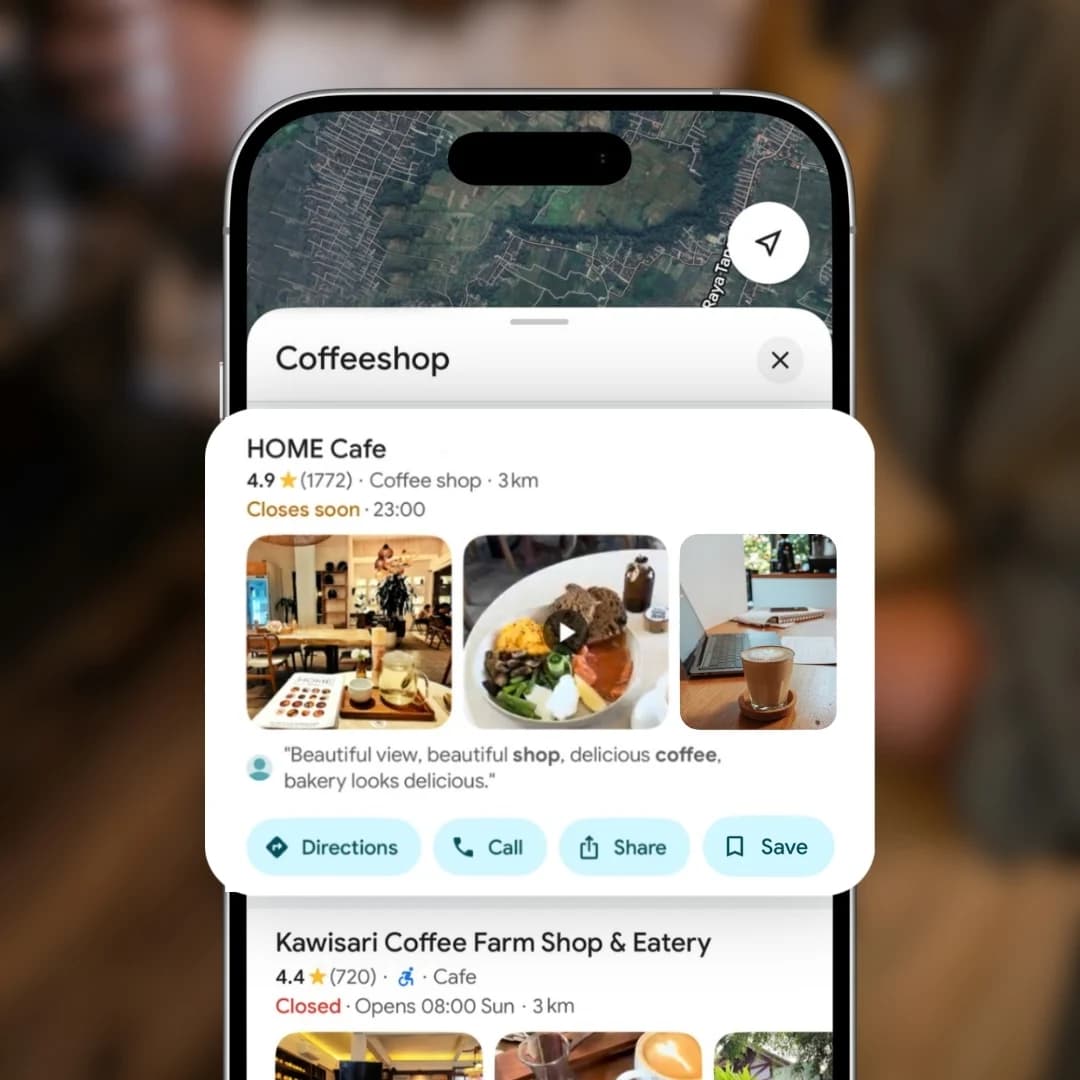 Google Maps results for a coffee shop search on a phone