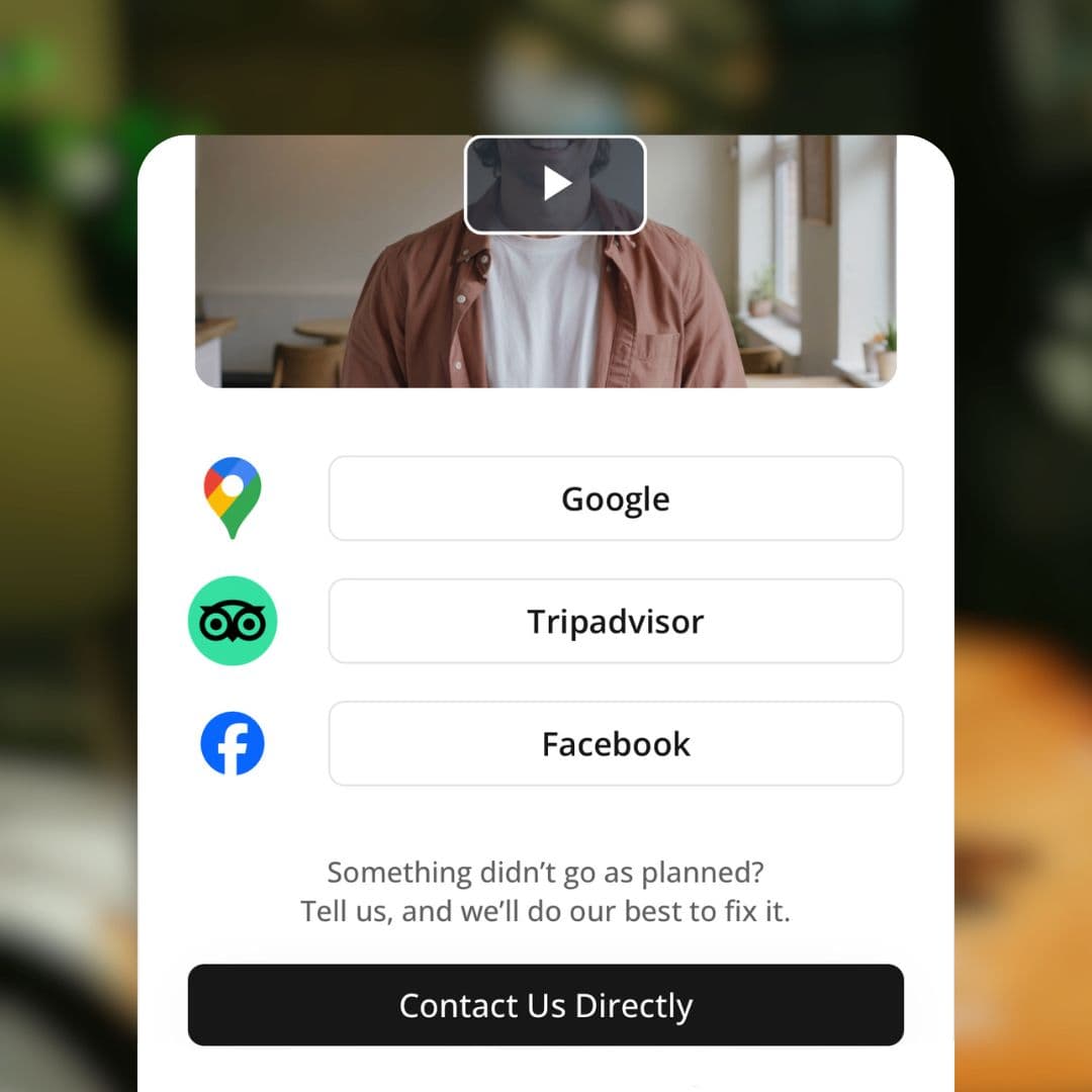 Norly smart page in open mode: personal video, buttons for Google, Tripadvisor and Facebook, and the Contact Us Directly button below