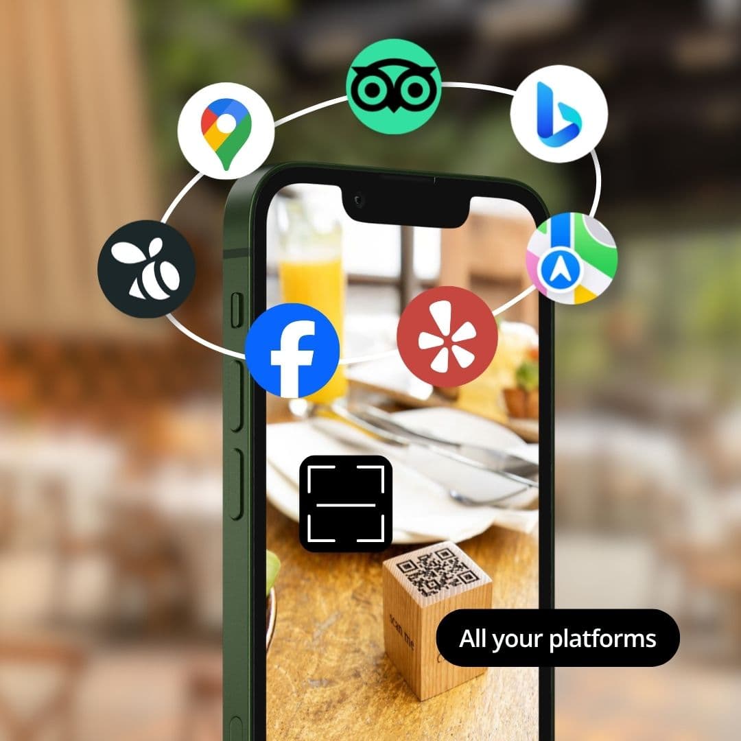 One phone with every review platform orbiting it: Google Maps, Tripadvisor, Bing, Foursquare, Facebook, Yelp and Apple Maps